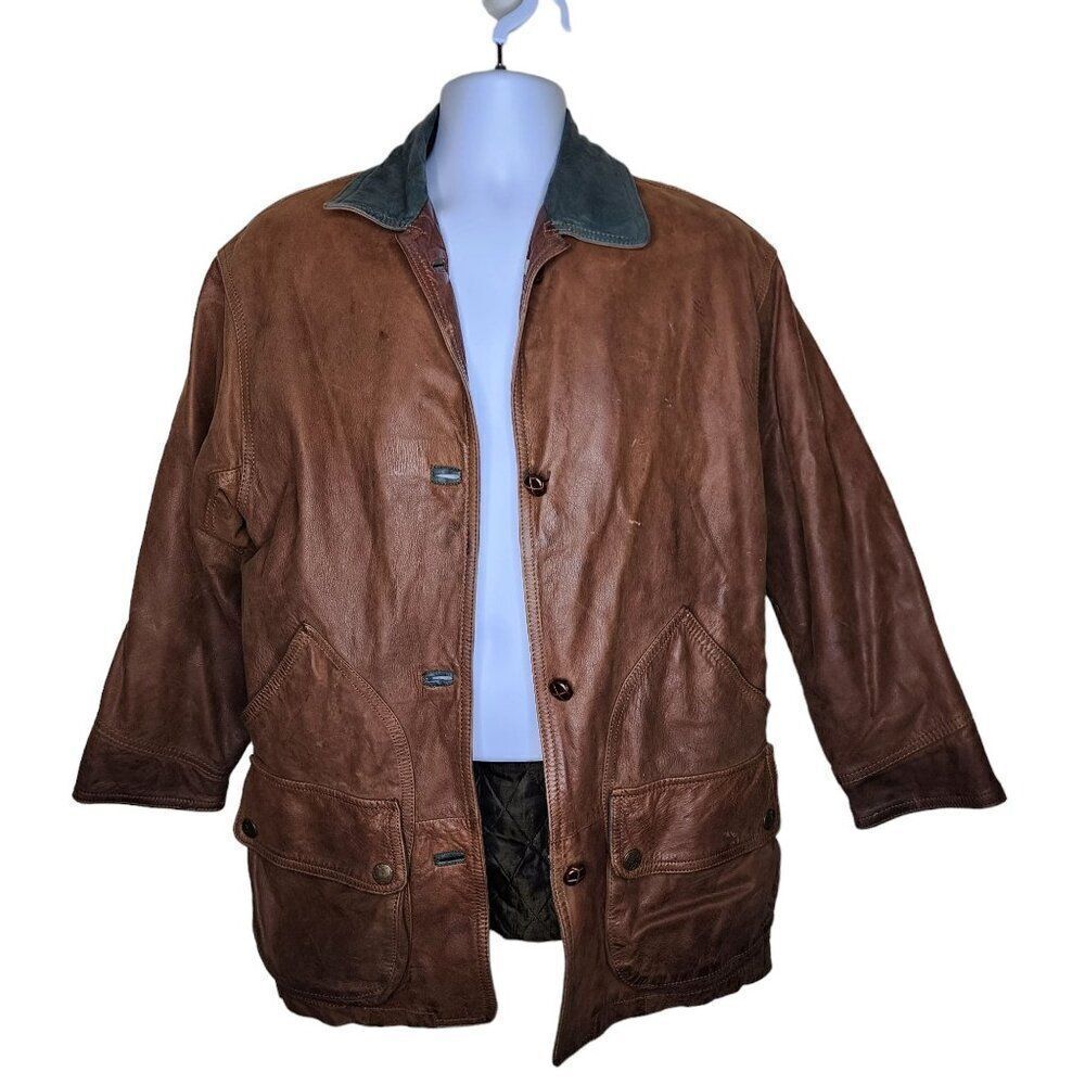 Vintage 90s Flannel Blanket Lined Leather Coat Jacket Womens M Brown